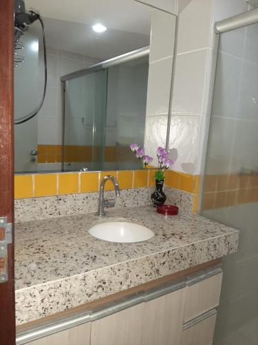 a bathroom counter with a sink and a mirror at Pipa´s Ocean Flat in Pipa