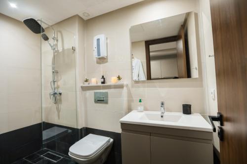 La salle de bains est pourvue d'un lavabo, de toilettes et d'un miroir. dans l'établissement La Casa 113, Sanctuaire de Luxe, à Casablanca