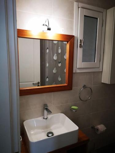 a bathroom with a white sink and a mirror at House of light in Évdhilos