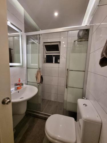 a small bathroom with a toilet and a sink at SAKN 3 - Two Bedroom Apartment in Amman