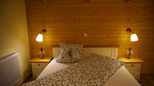 a bedroom with a bed with two night stands and two lights at Guest House Carpathia in Vişeu de Sus