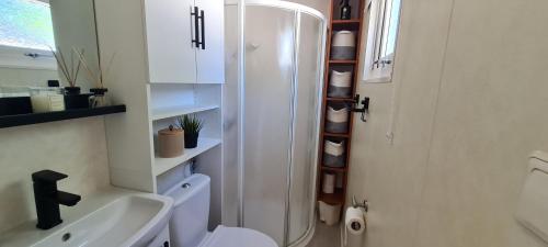 ein Bad mit einer Dusche, einem WC und einem Waschbecken in der Unterkunft RBR 1532 - Beach Resort Kamperland in Kamperland