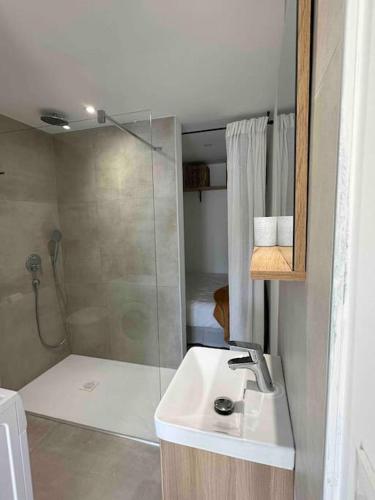 une salle de bain avec une douche et un lavabo et une douche dans l'établissement Studio à 2min à pied de la plage, à Cavalaire-sur-Mer