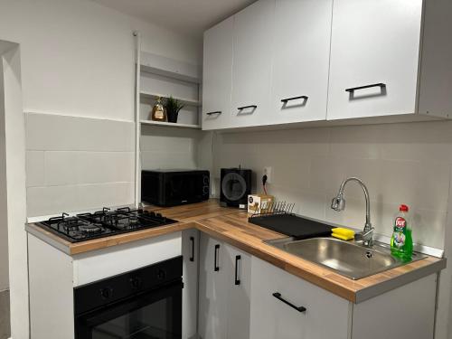 La cuisine est équipée de placards blancs, d'un évier et d'une cuisinière. dans l'établissement Turqoise Central Apartaments, à Bucarest