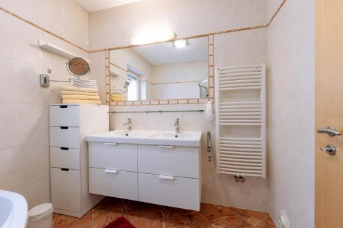 a bathroom with a sink and a mirror at Apartment Steindl in Längenfeld