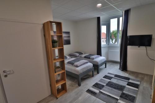 a living room with two beds and a television at Ferienwohnung GGM in Judenburg