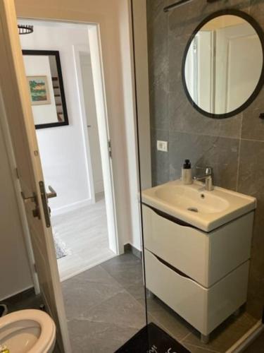 bagno con lavandino, specchio e servizi igienici di Family Residence a Uisenteş