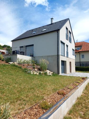 a white house with a yard in front of it at Lipnohaus in Horní Planá