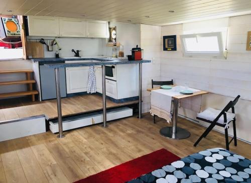 uma pequena cozinha com uma mesa e uma secretária em Captain's cabin: Cosy flat on a house boat em Estrasburgo