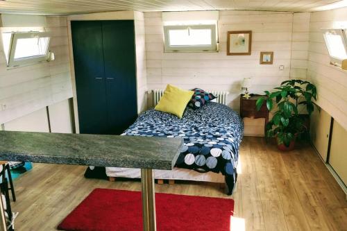 a bedroom with a bed in a tiny house at Captain's cabin: Cosy flat on a house boat in Strasbourg