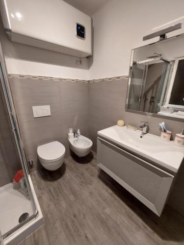 a bathroom with a sink and a toilet and a mirror at La petite rose in Limone Piemonte