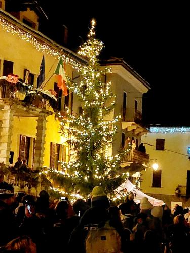 a crowd of people standing around a christmas tree at La petite rose in Limone Piemonte