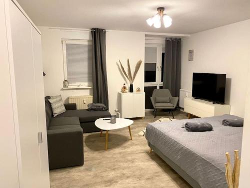 a living room with a bed and a couch and a tv at Stilvolle Ferienwohnung mit Stellplatz WLAN free Netflix Nähe Bahnhof in Zwickau
