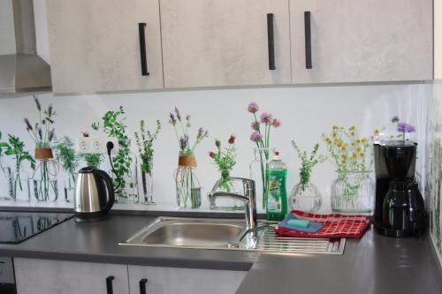 um balcão de cozinha com um lavatório e vasos de flores em Ahoi-Gästehaus em Hamburgo