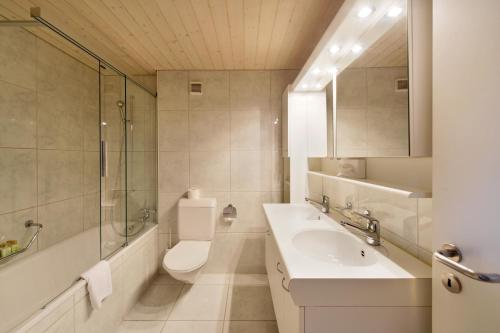a bathroom with a sink and a toilet and a shower at Chalet Eigersunna in Grindelwald