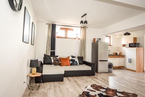 a living room with a couch and a refrigerator at Apartamenty Dwupoziomowe Na Dwa Widoki z Jacuzzi & Sauna in Zakopane