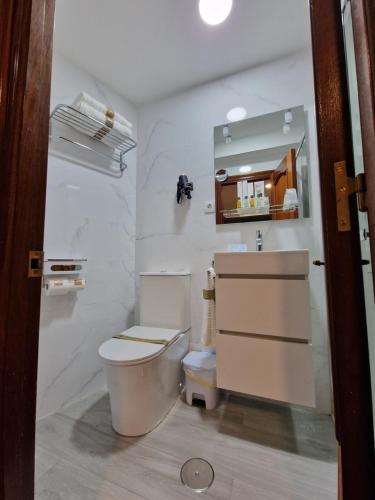 a bathroom with a toilet and a sink and a mirror at Hostal Fidalgo in Oviedo
