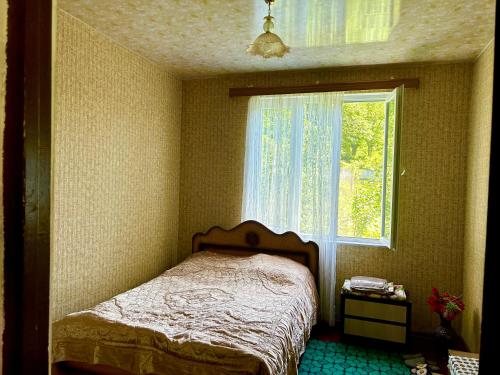 Habitación pequeña con cama y ventana en Vaso's Guesthouse en Katsʼkhi