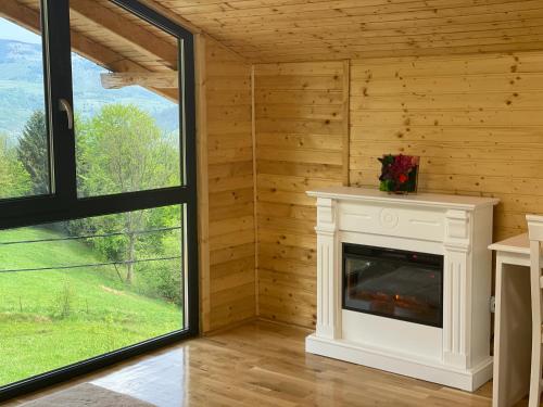 a living room with a fireplace and a large window at Pensiunea AlexOlar New One in Horea