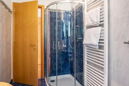 ein Bad mit einer Dusche und einer Glastür in der Unterkunft Salman in St. Ulrich in Gröden