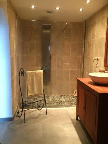 La salle de bains est pourvue d'une douche, d'une chaise et d'un lavabo. dans l'établissement Appartement sur la colline avec accès piscine, à Volx