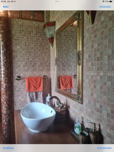 a bathroom with a large white sink and a mirror at Diana Apartman in Balatonszepezd