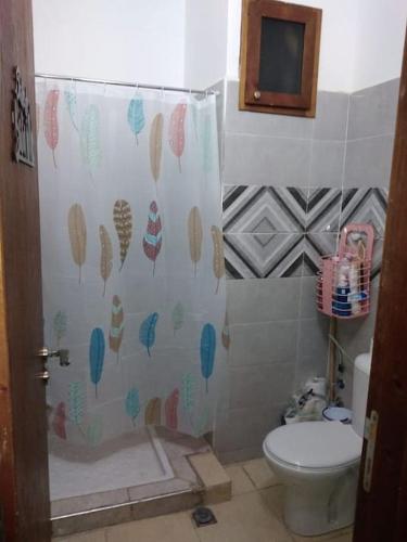 y baño con cortina de ducha y aseo. en Joli appartement de vacances, en Sale