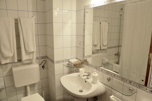bagno con lavandino, servizi igienici e specchio di Pension Casa Olga a Pârâul Rece