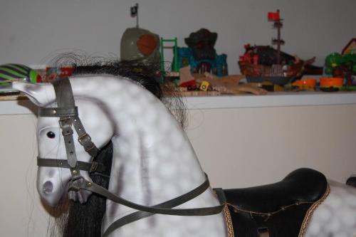 a white horse wearing a bridle sitting on a chair at Central Scotland Country Side With Outdoor Bbq Hut in Strathaven