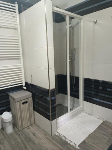 a shower with a glass door in a bathroom at Valentina's garden house in Triei