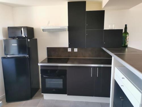 a kitchen with black cabinets and a black refrigerator at 3 PIECES AU COEUR DU CENTRE HISTORIQUE DE GRASSE in Grasse