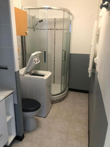 une salle de bain avec une douche en verre et des toilettes dans l'établissement Situation idéale F2, 2 eme ligne,climatisé, plage, à Palavas-les-Flots