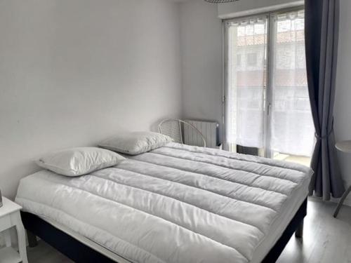 un grand lit dans une chambre avec une fenêtre dans l'établissement Appartement La Teste-de-Buch, à La Teste-de-Buch