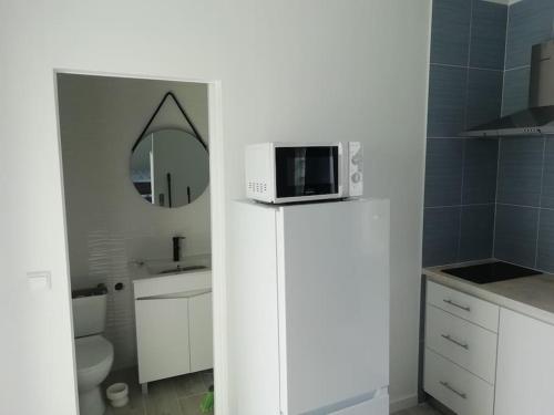 a kitchen with a microwave on top of a refrigerator at Refúgio Aconchegante in Nadadouro