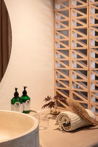 a bathroom with two bottles of soap and a sink at Loft Living Parkview Suite in Nieuwpoort