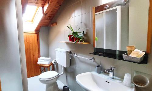La salle de bains est pourvue d'un lavabo, de toilettes et d'un miroir. dans l'établissement Ristorante Bellavista con Locanda, à Veleso