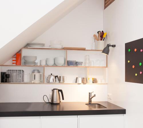 a kitchen with a sink and a counter top at HiP & STYLISCH B&B in Amsterdam