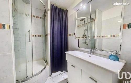 une salle de bain avec un lavabo, une douche et une baignoire dans l'établissement Vacances à la mer, à La Grande Motte