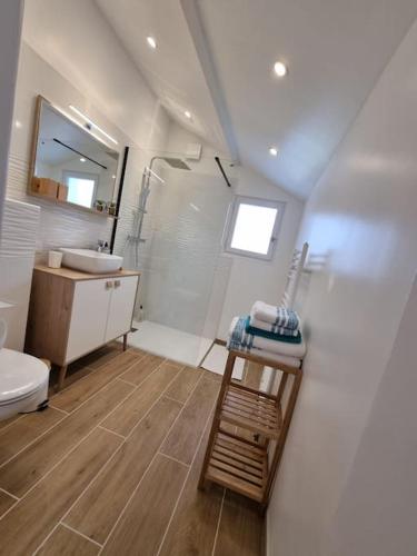 une salle de bain avec une douche, des toilettes et un lavabo dans l'établissement La Citadine, maison avec jardin…, à Soissons