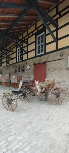 a cow sitting on a horse drawn carriage in front of a building at Hotel Henriettenhof Weimarer Land, Weimar-Bad Berka in Bad Berka