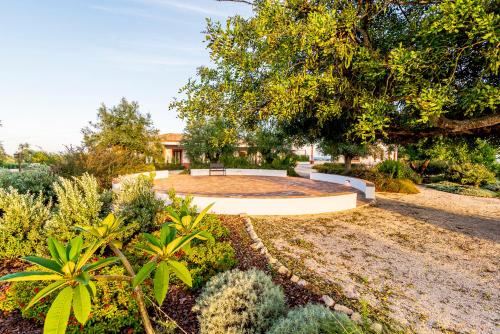 einen Garten mit einer Bank, Bäumen und Pflanzen in der Unterkunft Quinta da Baleeira in Tavira