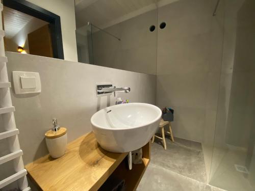 ein Badezimmer mit einem weißen Waschbecken und einem Spiegel in der Unterkunft Čudovita koča na samem, Gorenka in Cerklje na Gorenjskem