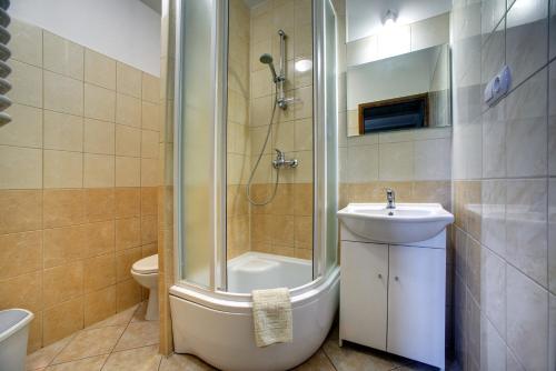 a bathroom with a shower and a sink and a toilet at Dworek Sanocki in Sanok