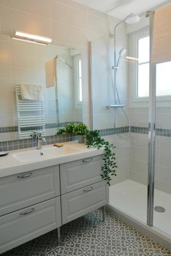 une salle de bain avec un lavabo et une douche dans l'établissement Bel appartement, 3 chambres et parking, Montpellier centre, à Montpellier