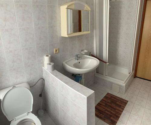 ein weißes Bad mit einem WC und einem Waschbecken in der Unterkunft Penzion Irena in Strážné