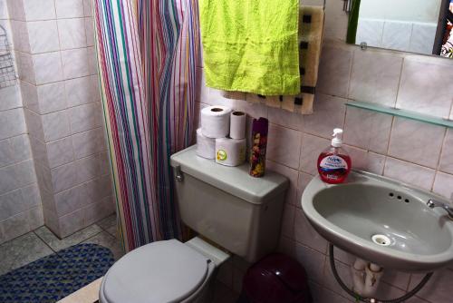 a small bathroom with a toilet and a sink at Carlos Guest House 1 Cusco in Cusco