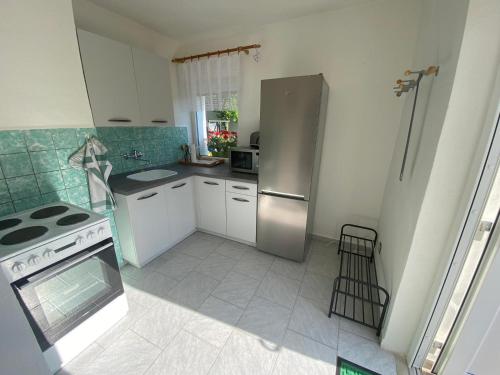 eine Küche mit einem Kühlschrank aus Edelstahl und weißen Schränken in der Unterkunft Apartmán BENÍŠKOVEC, Suchdol nad Lužnicí in Suchdol nad Lužnicí