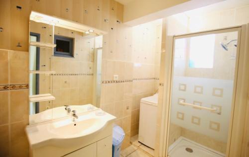 W łazience znajduje się umywalka, toaleta i prysznic. w obiekcie Les Volets Bleus w mieście Sauvignac