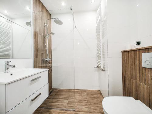 a bathroom with a shower and a toilet and a sink at Wygodne Mieszkania Nova Mikołowska 98 in Katowice