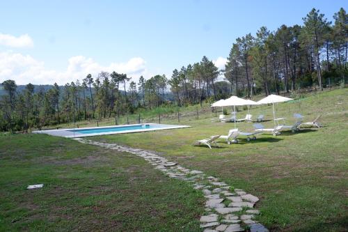 a swimming pool in a field with chairs and umbrellas at Casa di Palaia in Strada